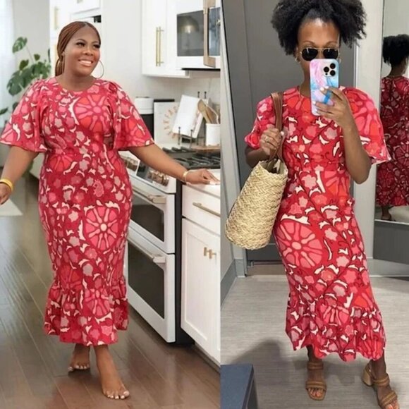 Rhode Red Zinnia Floral Print Bell Sleeve Keyhole Back Midi Dres 8 - Picture 1 of 11